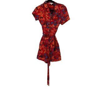 Maison d' Amelie Multicolor Floral Linen Blend Button Front Belted Romper Medium